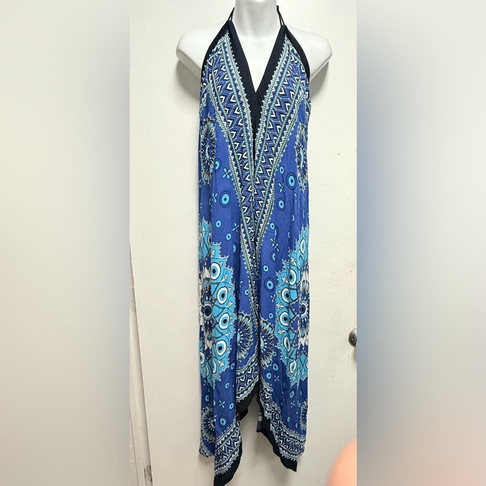 Blue Halter Maxi Dress with Pattern beach cover up